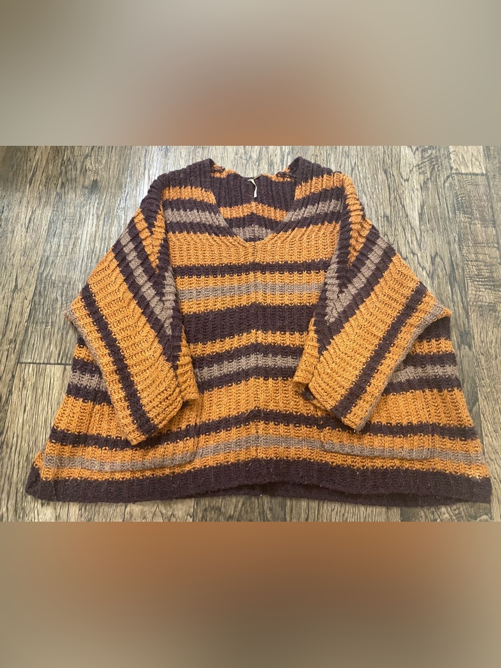 Free People Striped V-Neck Sweater in Mustard, Brown & Taupe